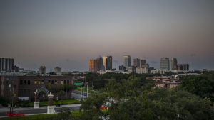 View of Ybor' City's Gate looking out to the Tampa Skyline with Channelside and Amelie Arena in the distance